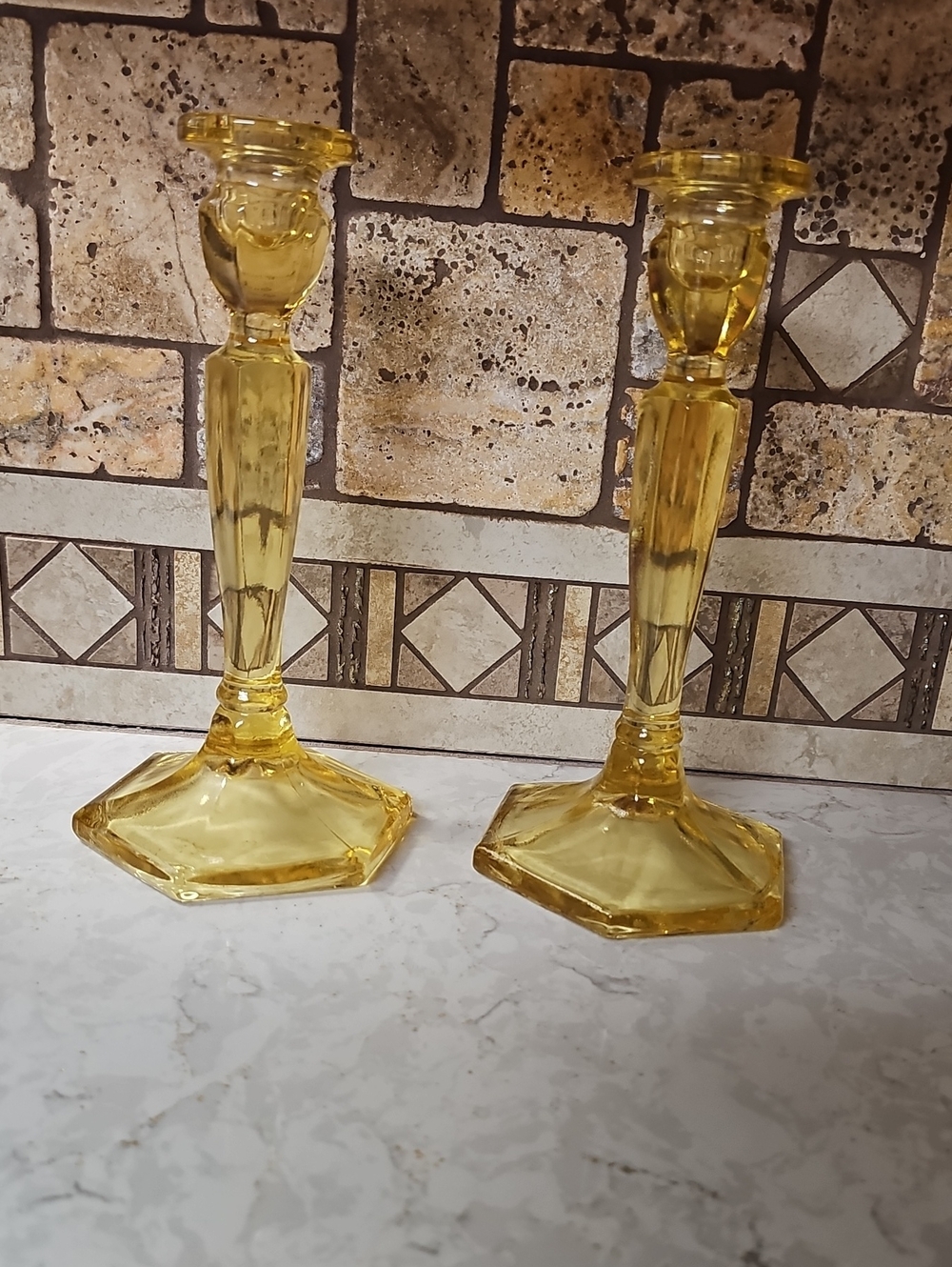 Vintage Amber/Topaz Yellow  Glass Taper Candle Holders - Pair